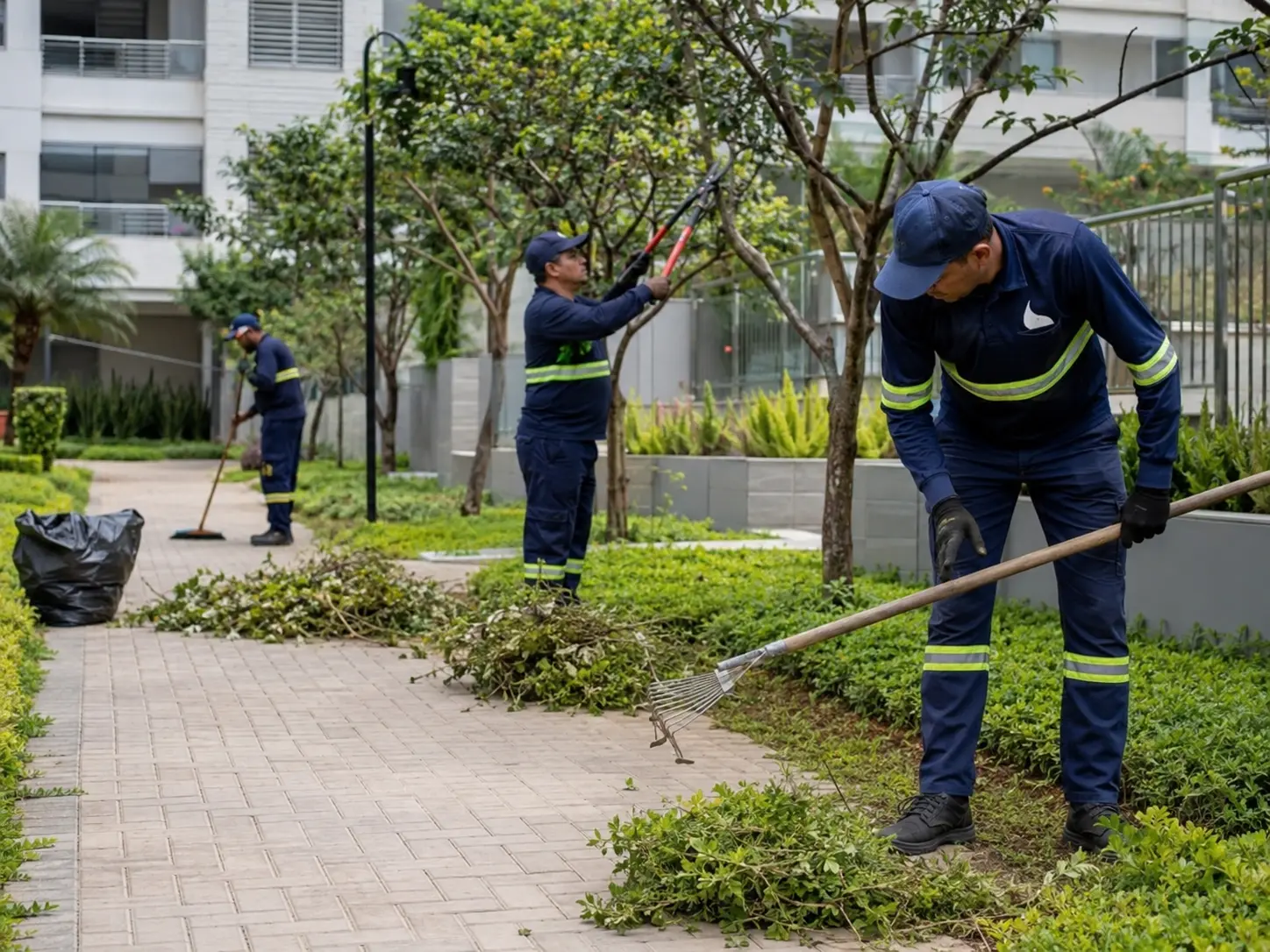 Equipe realizando limpeza de área verde